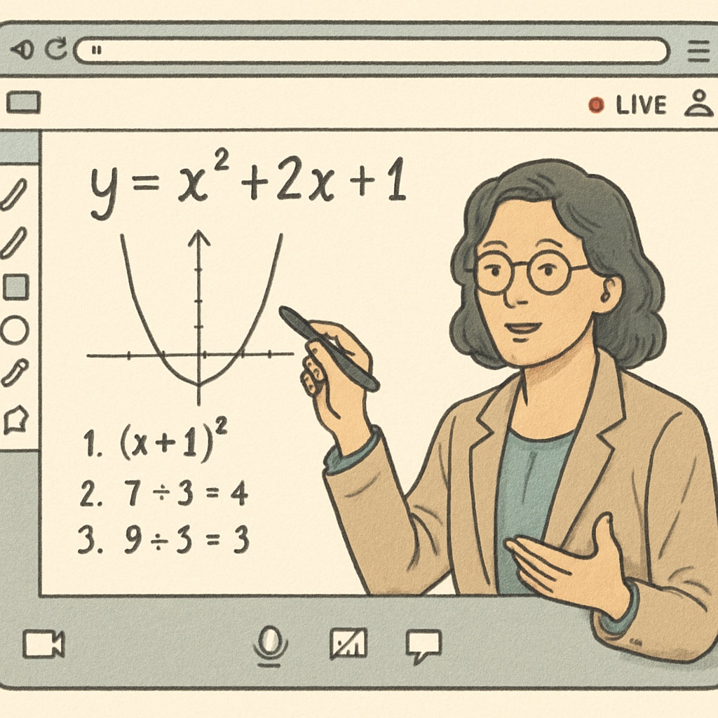 Teacher hosting an online math education webinar with a virtual whiteboard.