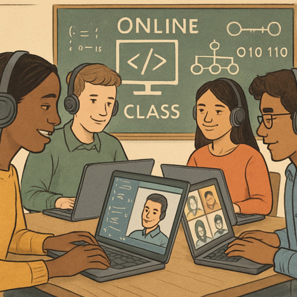 Online computer science class featuring diverse students working on laptops.