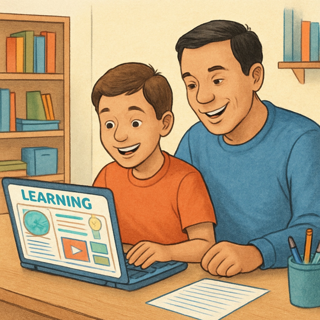 Parent and child exploring free summer learning websites.
