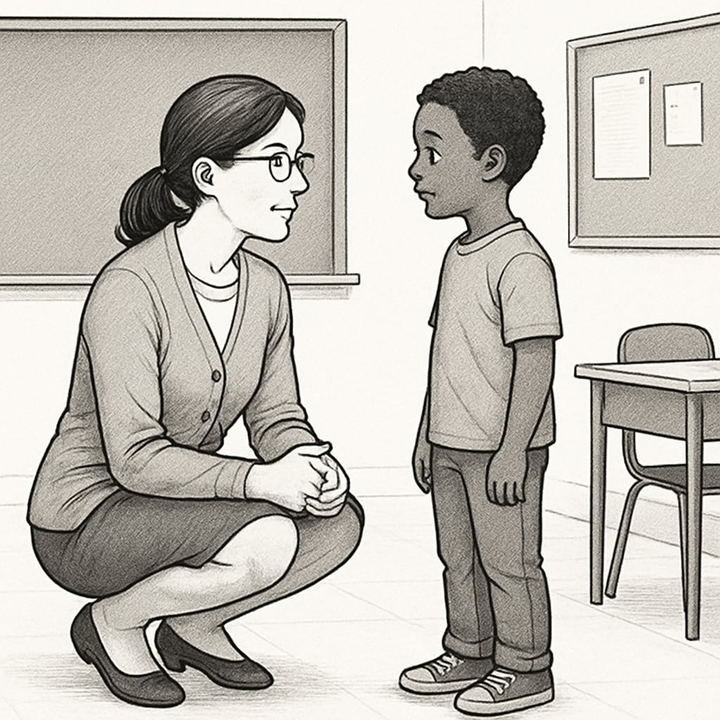 Teacher demonstrating respect by connecting with a student at eye level.