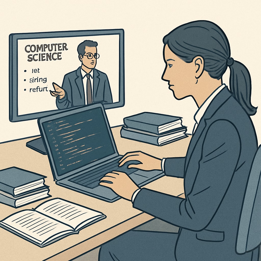 Professional woman coding during an online computer science class.