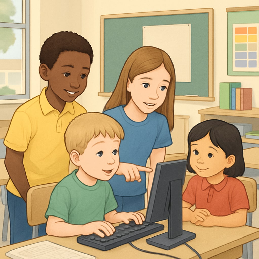 Kindergarten and fourth-grade students collaborating on a computer-based project in a classroom.