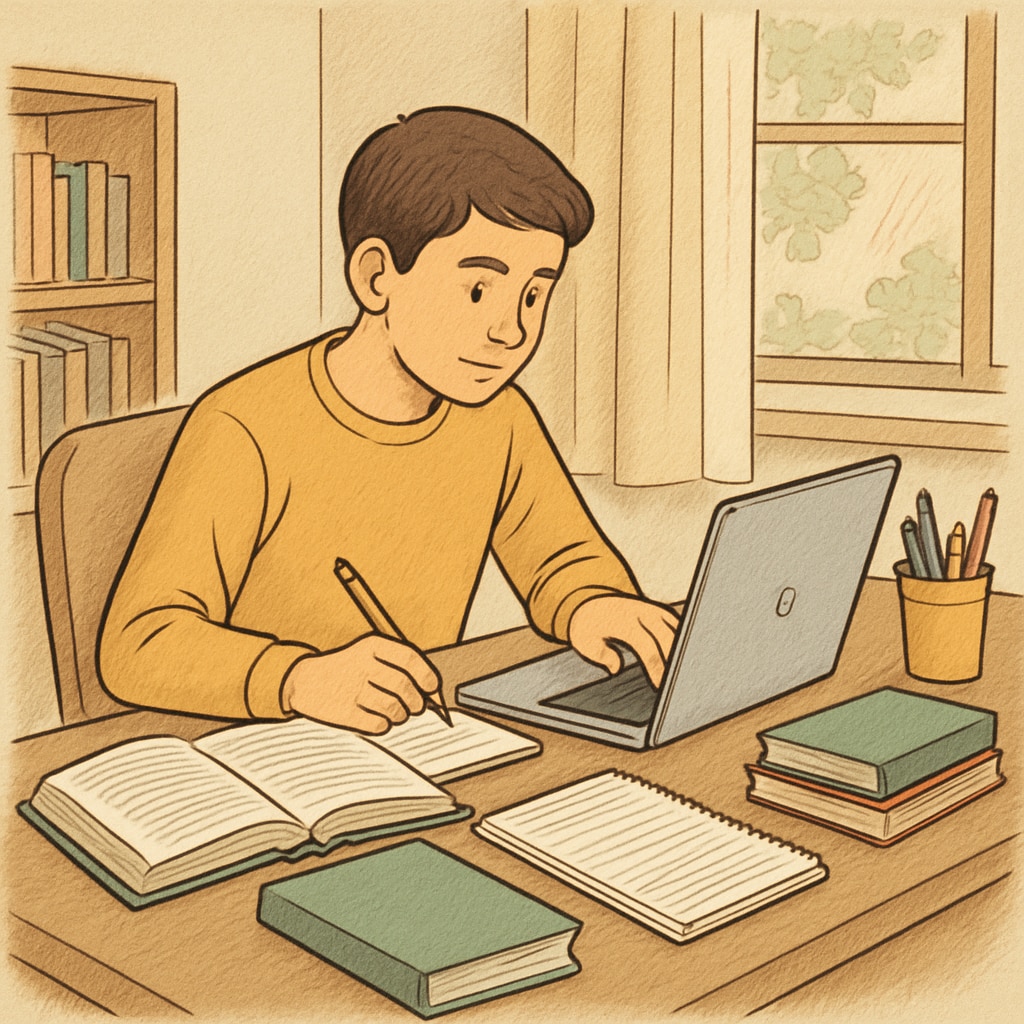 Latin American student studying on a laptop at home for an affordable online degree.