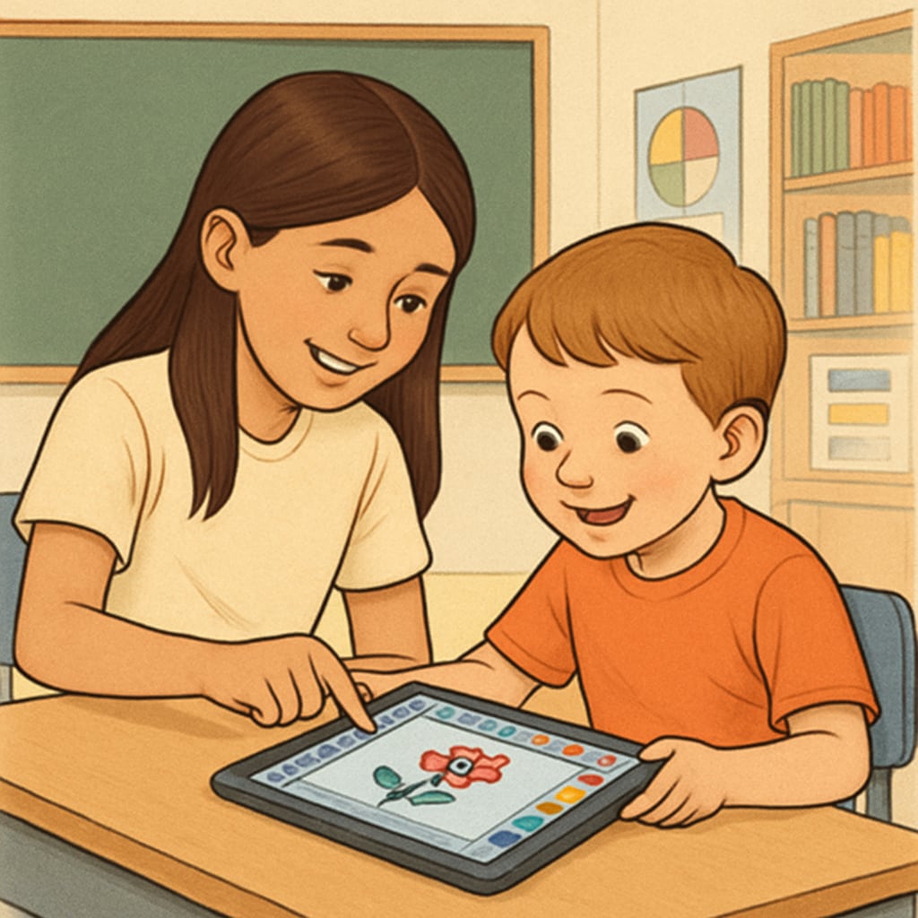 Fourth-grade student helping a kindergartener use drawing software on a tablet during a collaborative project.