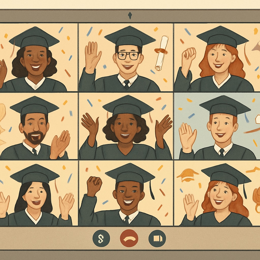 Diverse students celebrating their graduation through an online ceremony.