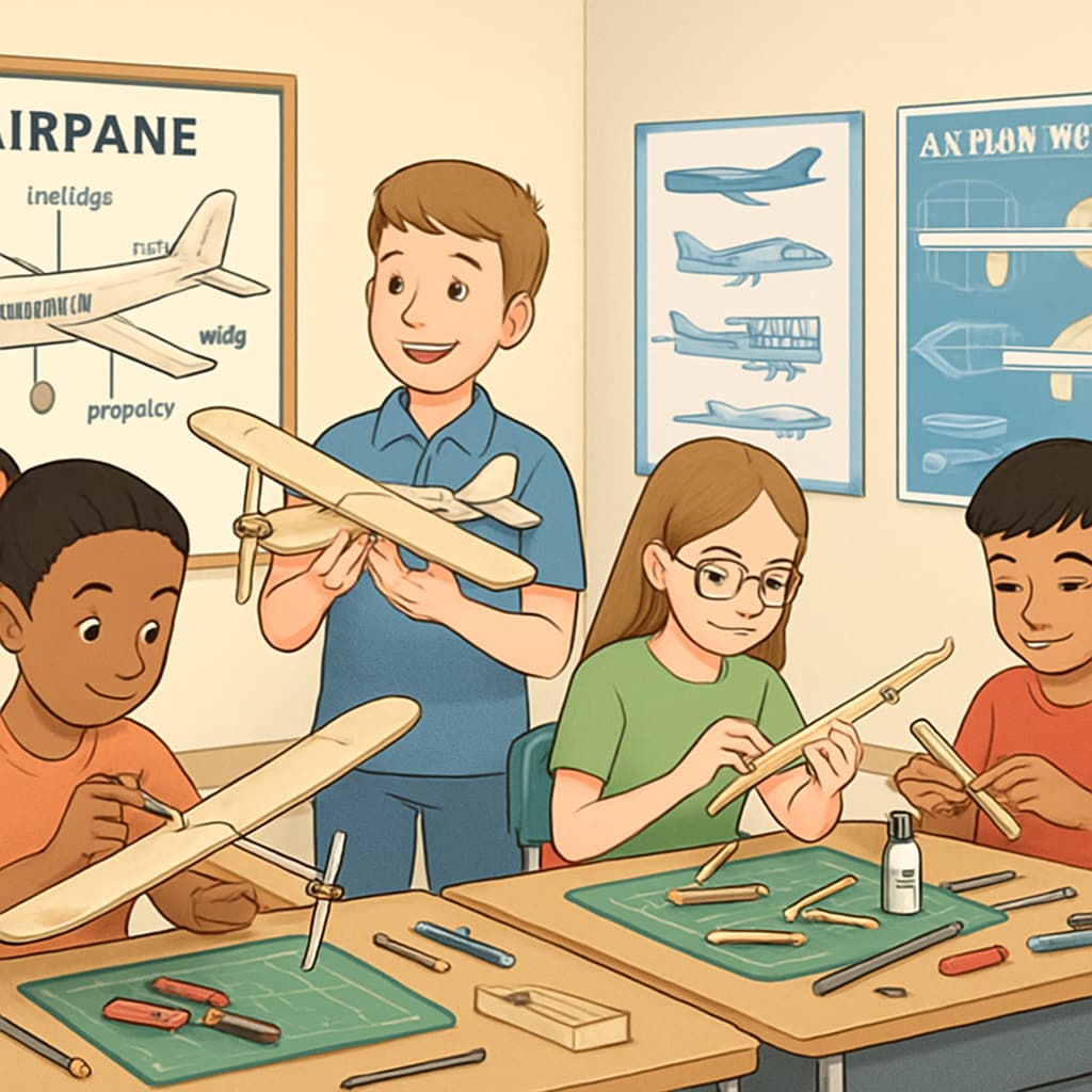 Students building model airplanes during a STEM workshop, illustrating aviation education in K12 schools.