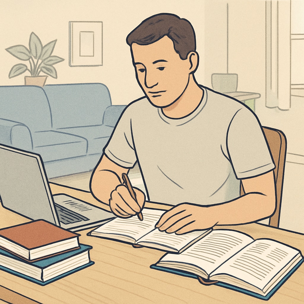 Adult self-learning through books and a laptop, focusing on basic education
