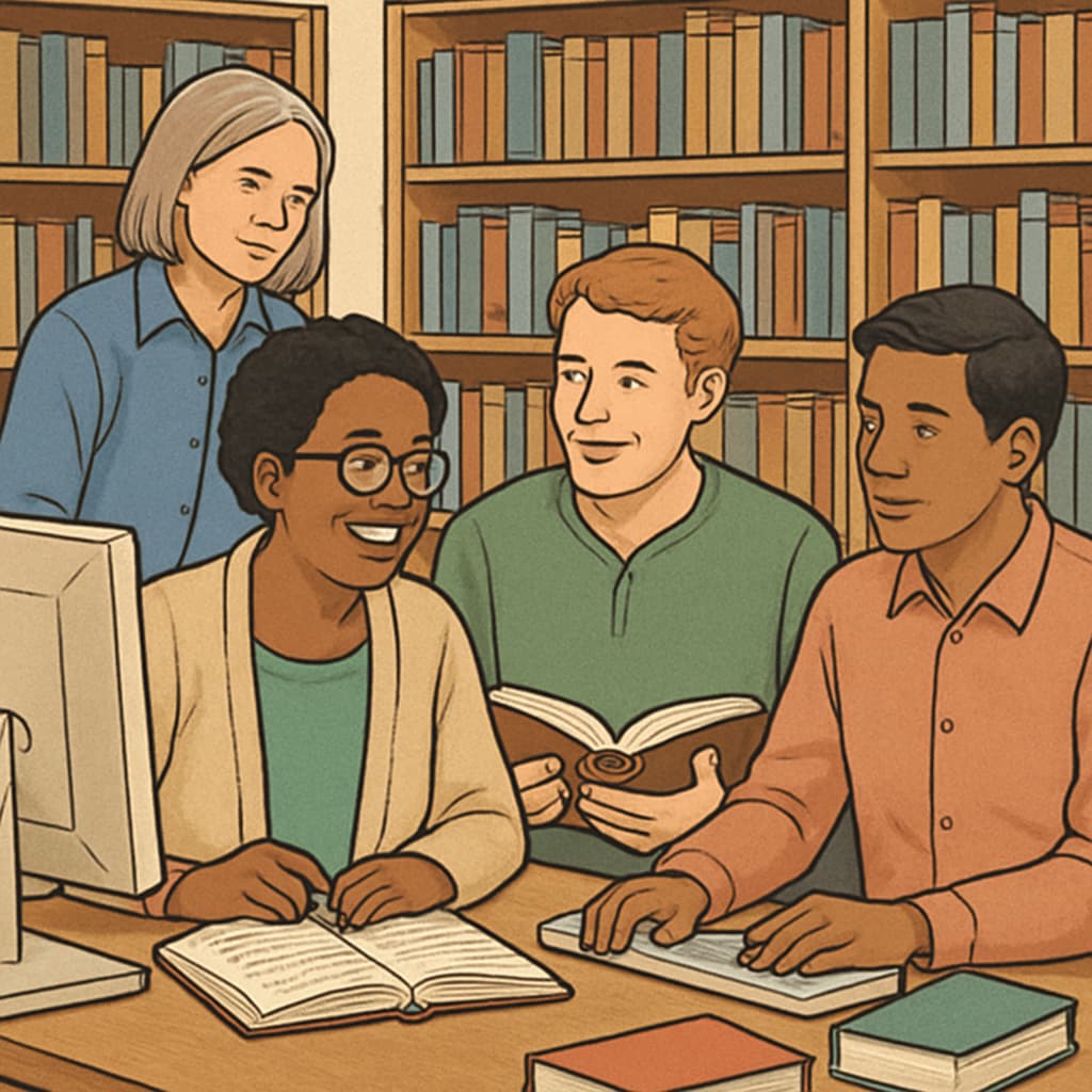 Adult learners studying in a library setting, accessing basic education resources