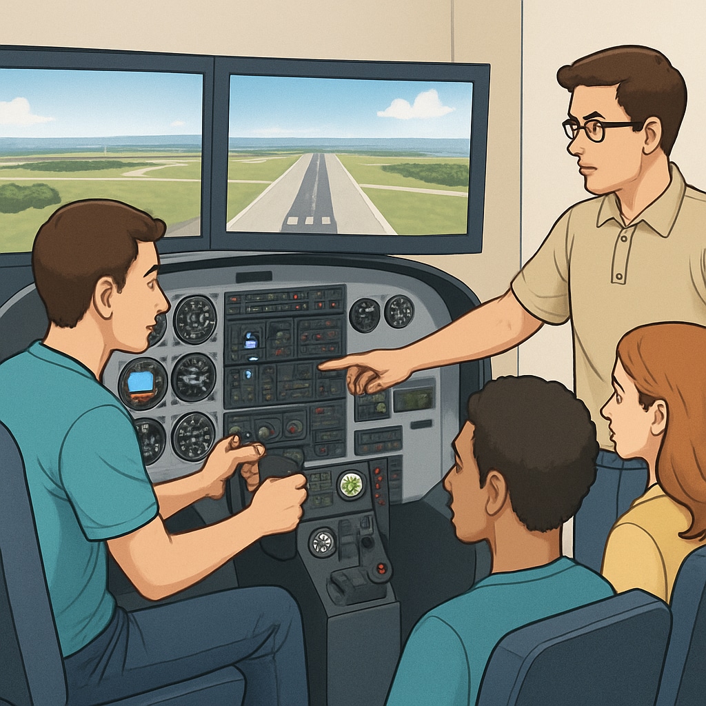 Students participating in flight simulator training as part of a K12 aviation program