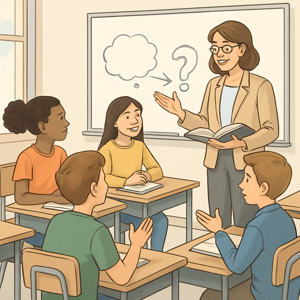 A teacher leading a critical thinking exercise with students in a classroom.