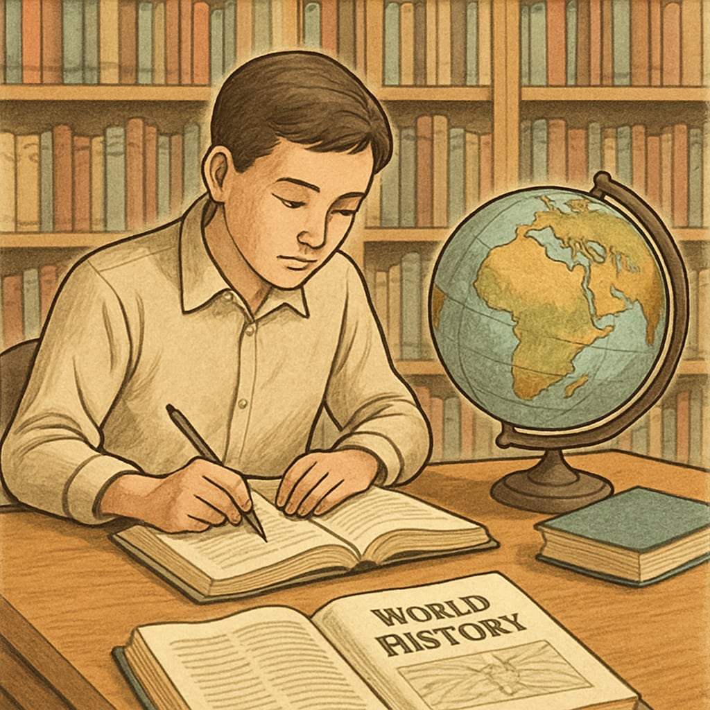 A person studying world history with books and a globe, representing self-learning.