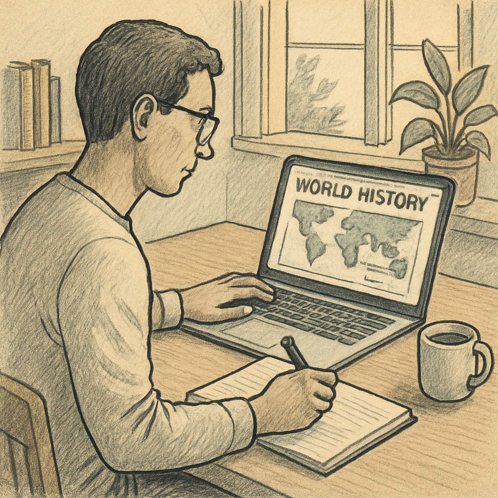 An adult learner using an online platform to study world history, symbolizing lifelong learning.
