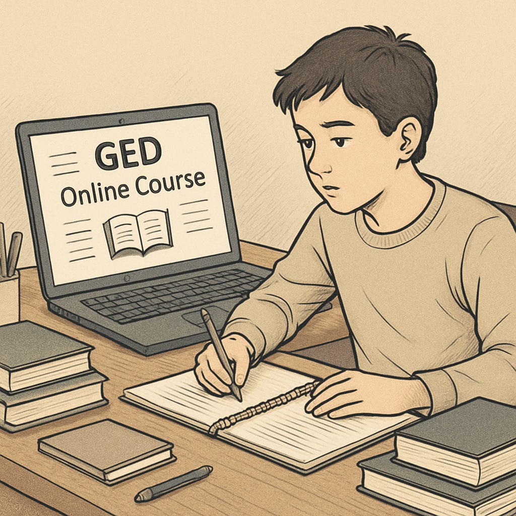 Online GED course study setup with laptop and materials