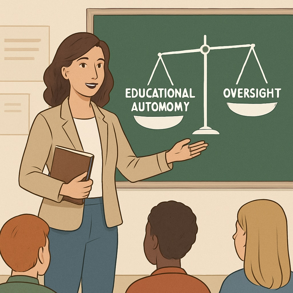 A teacher explaining to students in a classroom, representing the balance between educational autonomy and oversight.
