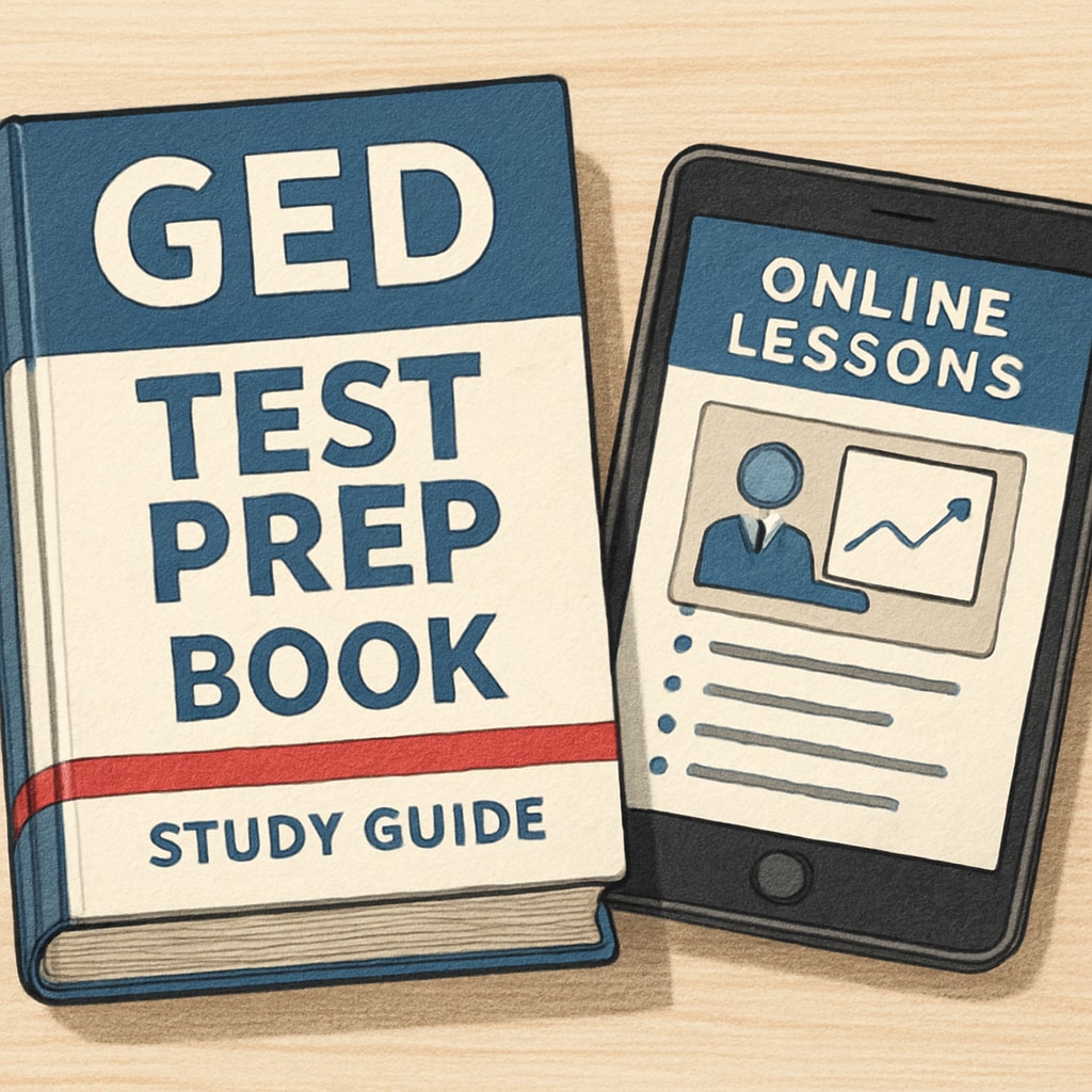 GED test prep book and online course tablet