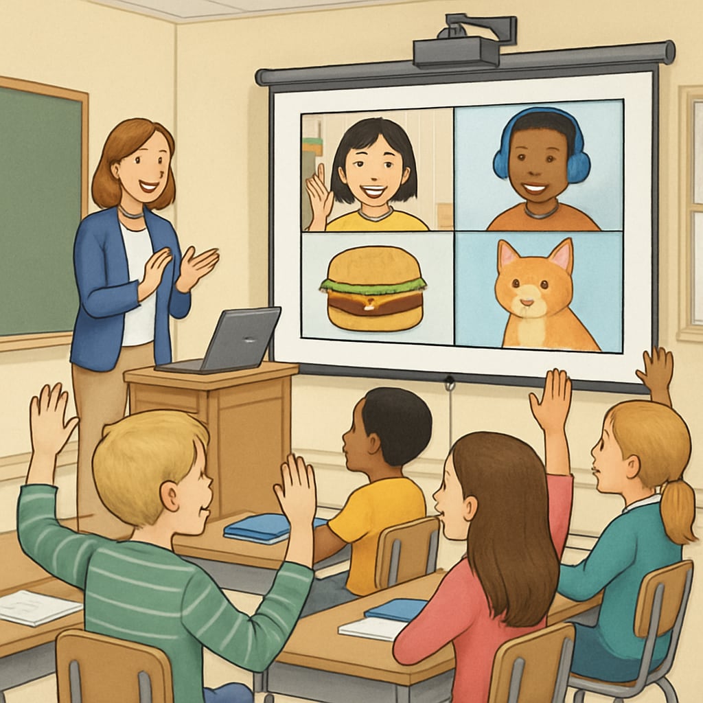 Students participating in a Zoom activity with projected images.