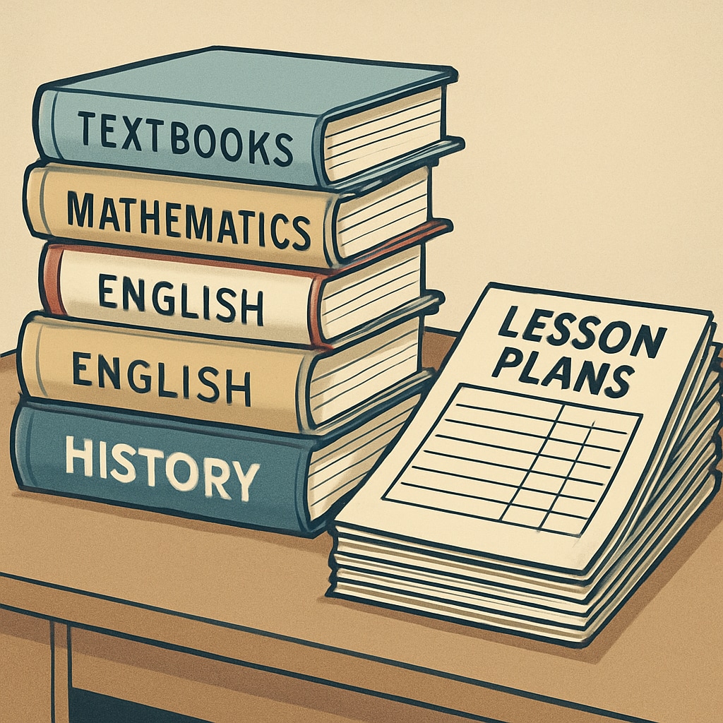 A collection of textbooks and lesson plans on a desk, highlighting the administrative challenges associated with transparency requirements.