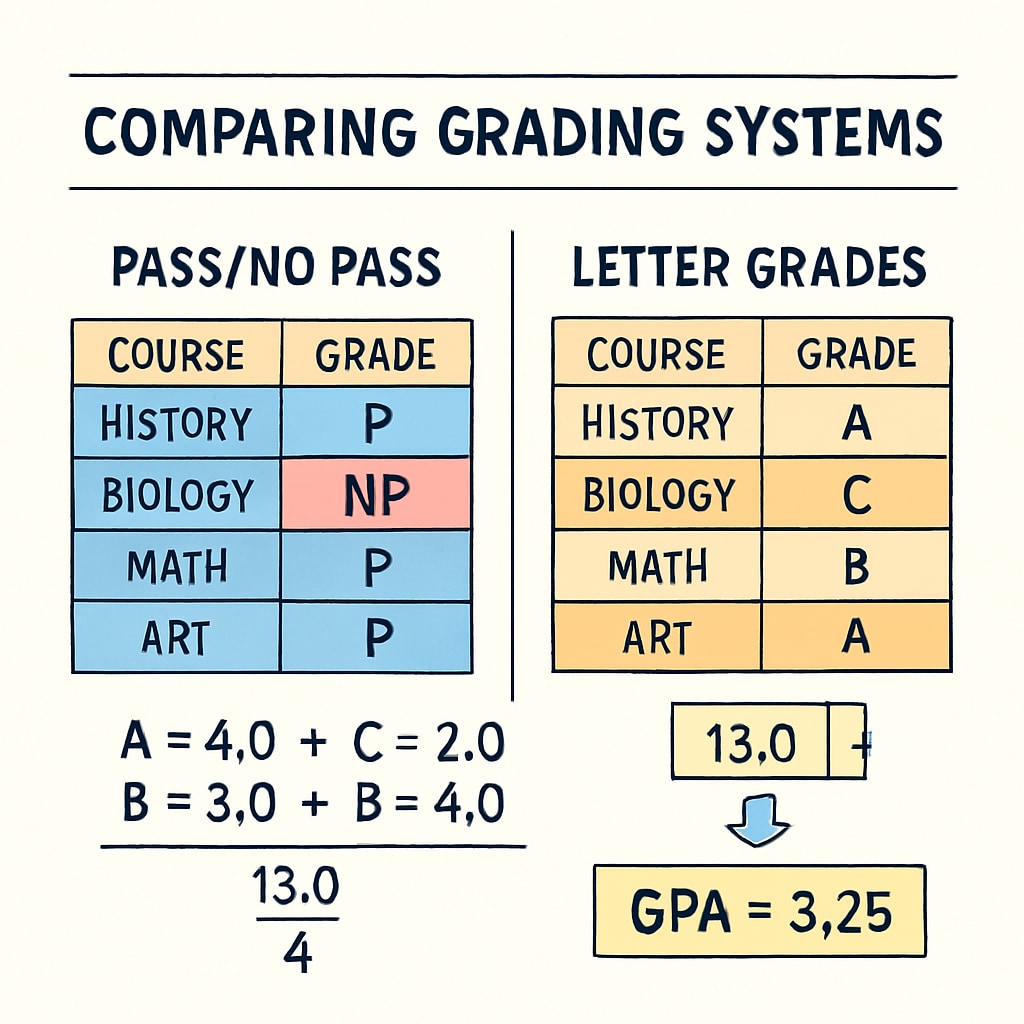 An infographic comparing P/NP and letter grading systems and their impact on GPA.
