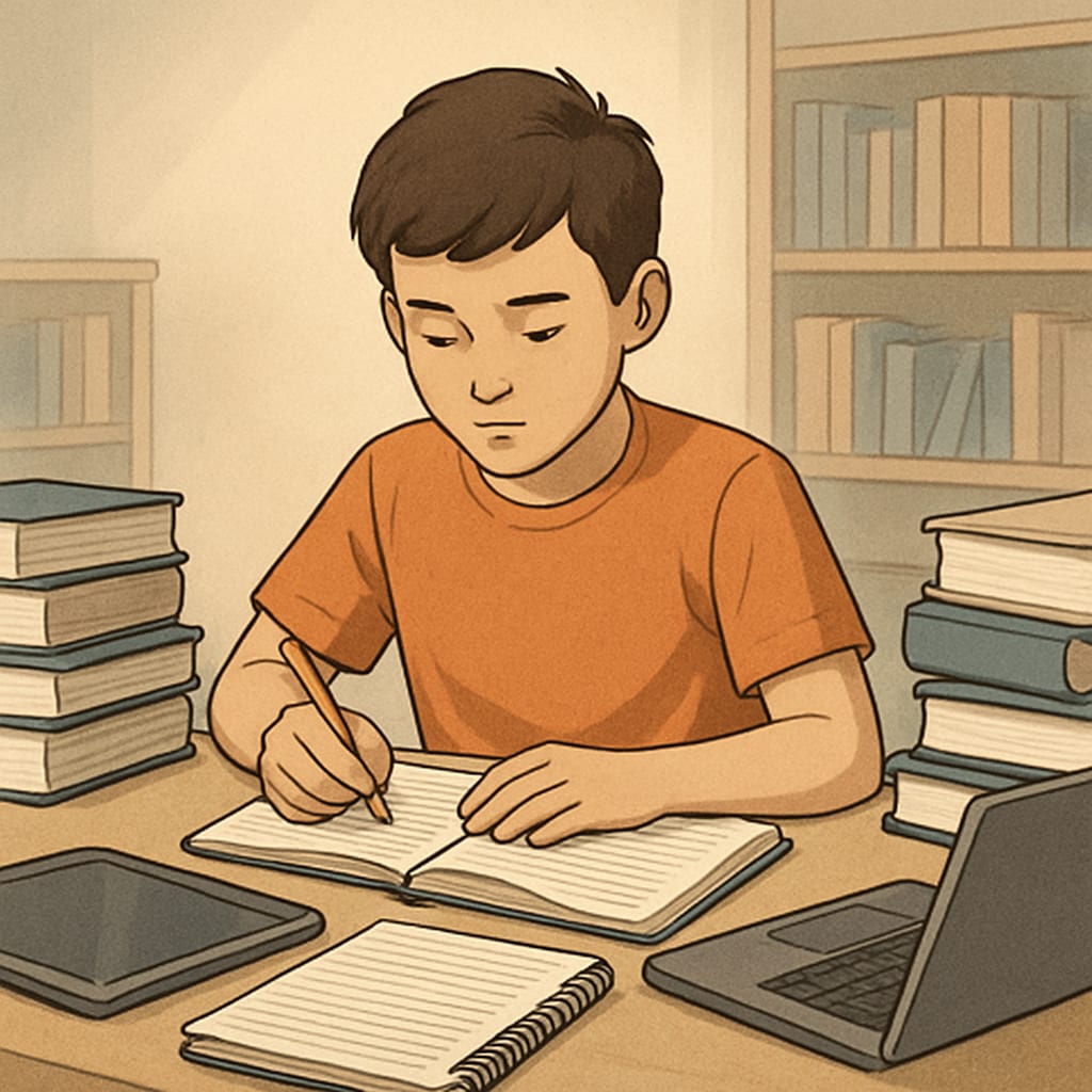 A student engaged in self-exploration through books and technology.