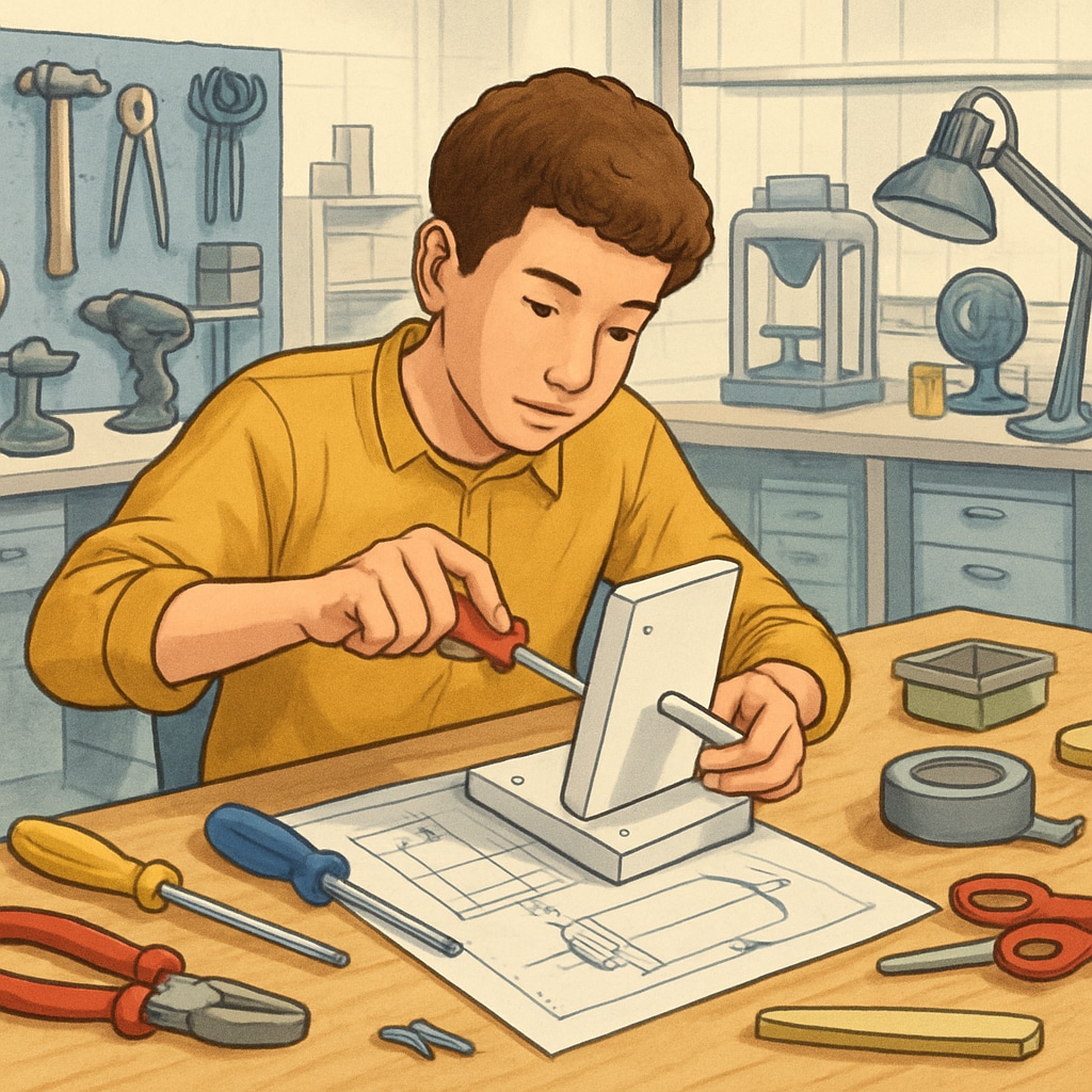 Design engineering student working on a prototype in a lab.