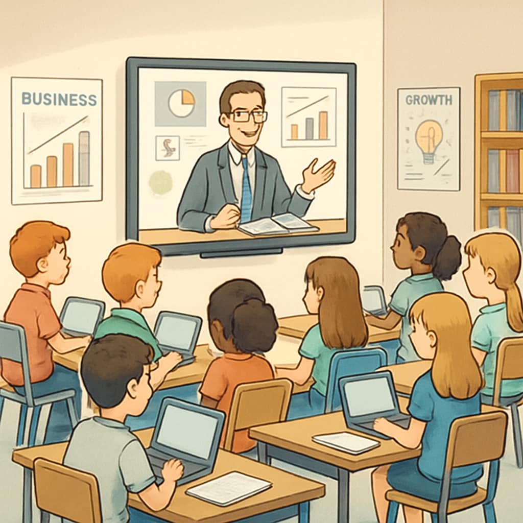 Children in a virtual business education workshop led by a non-profit organization, Skillspring Foundation.