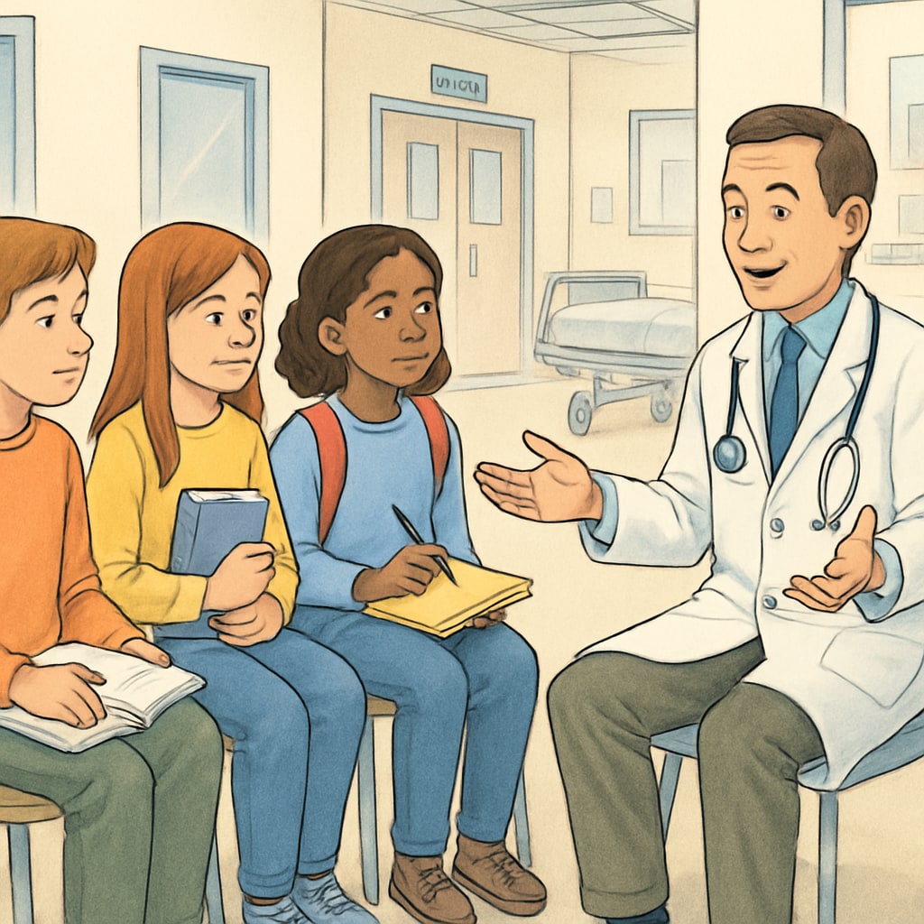 Students conducting an interview with a doctor as part of a medical career project.