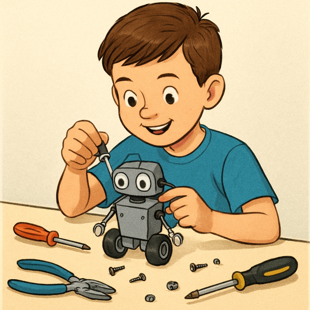 A boy building a robot, demonstrating creativity, education choices, and early development.