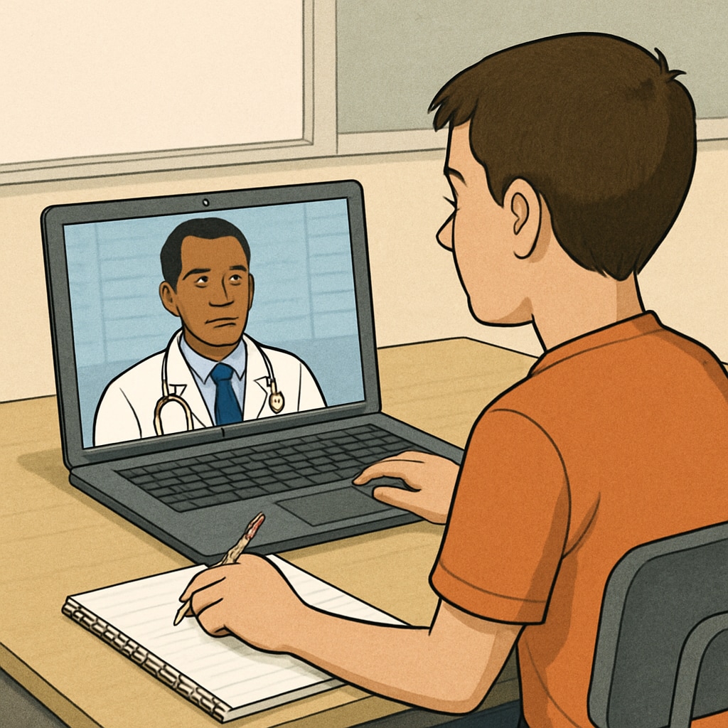 Student interviewing a healthcare professional virtually as part of a school project.