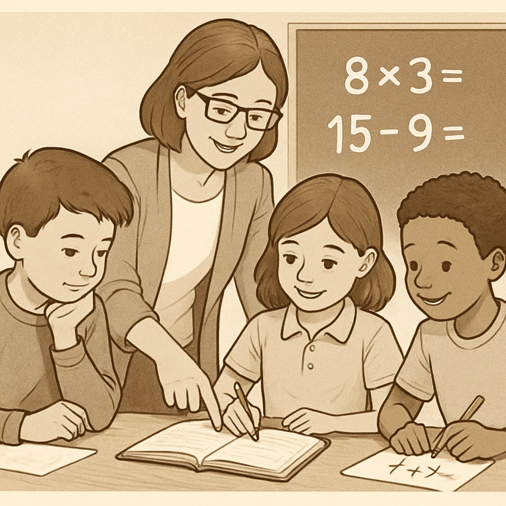 Teacher helping students overcome math exam pressure in a classroom setting.