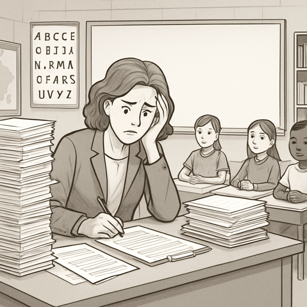 A teacher managing administrative tasks in a K12 classroom, highlighting education challenges.