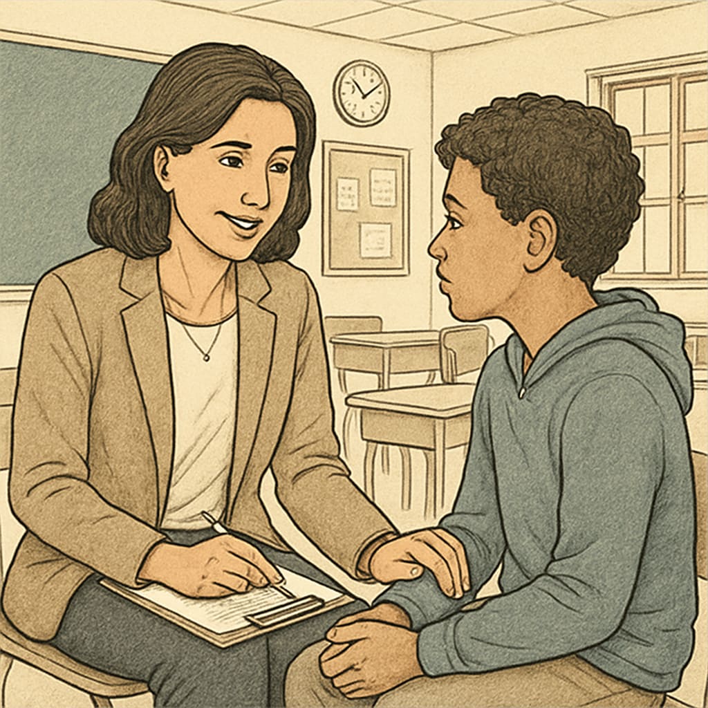 School counselor guiding a student in a school environment for research.