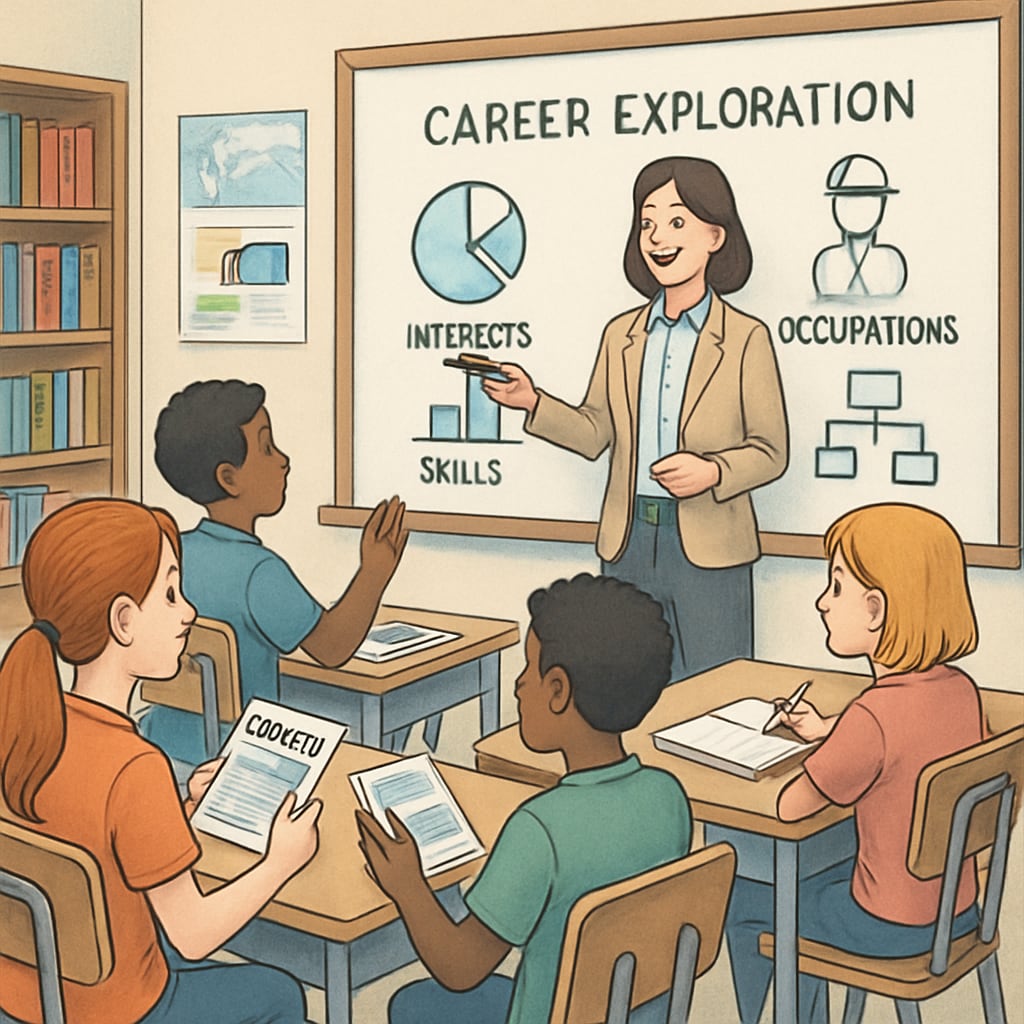 Students participating in a career exploration session, representing academic planning and career choices.