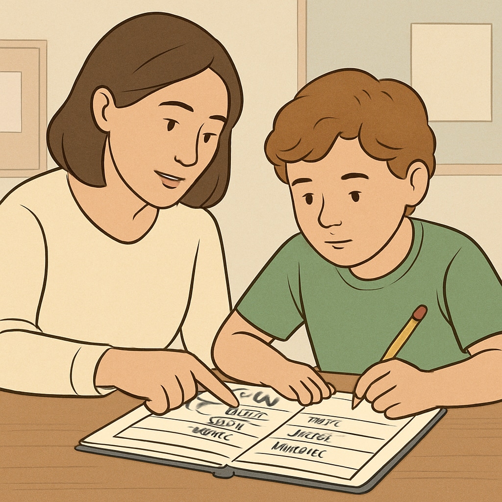 Parent helping child with ADHD organize tasks, focusing on executive function.