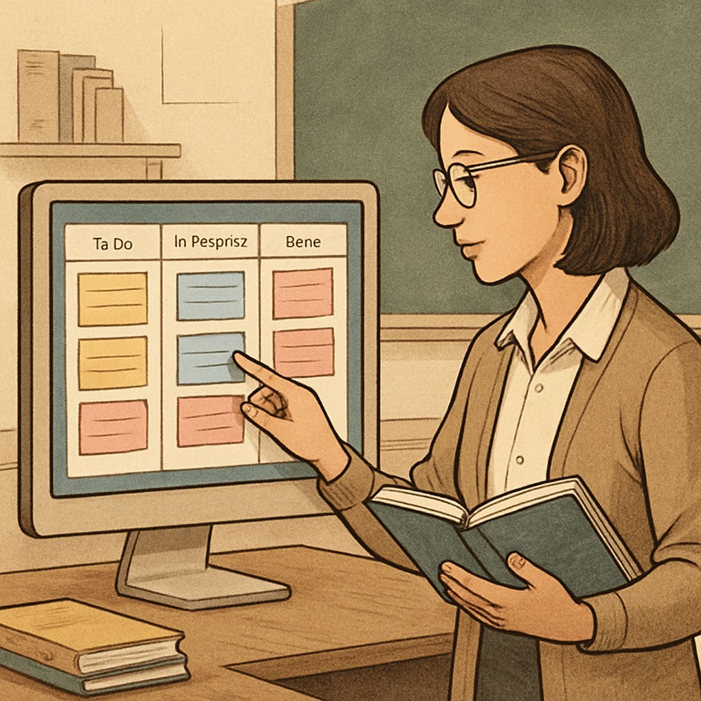 A teacher using a digital Kanban board to address education pain points.