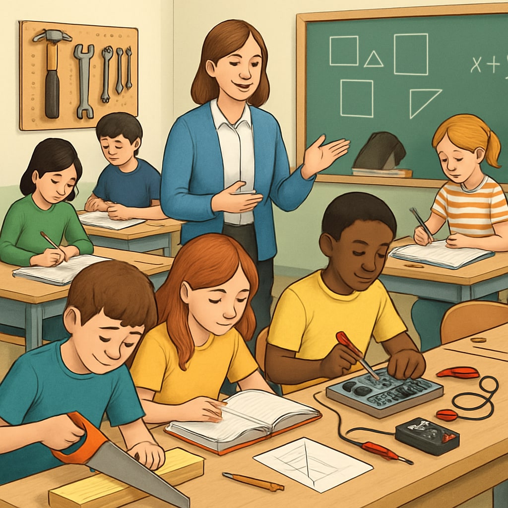 Students engaged in both vocational and academic tasks in an integrated curriculum setting.