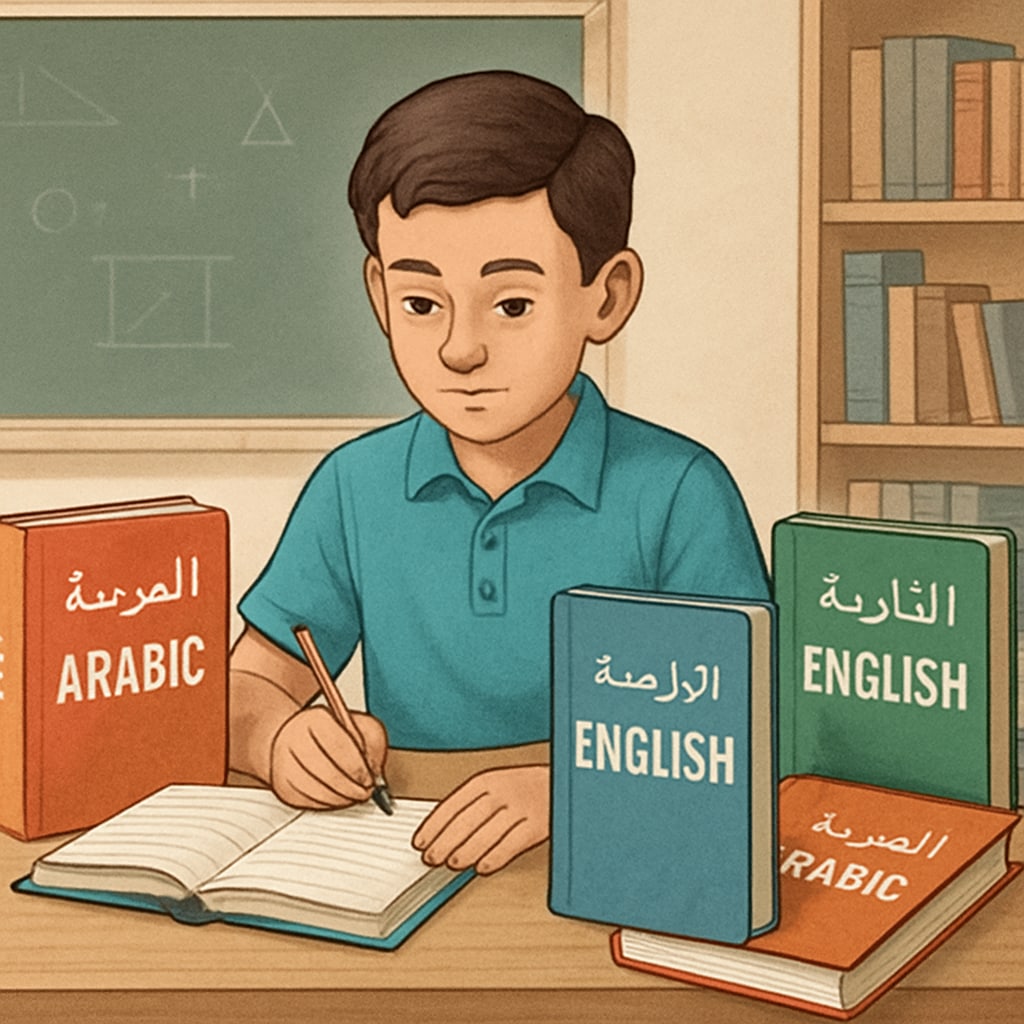 A student learning in both Arabic and English as part of their education transition.