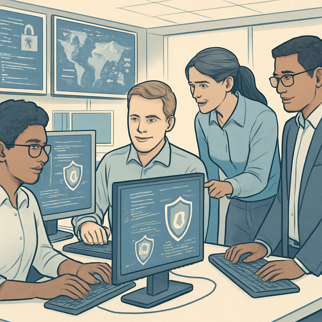 Cybersecurity experts working in a modern office environment