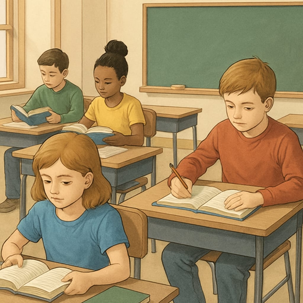 Public school classroom with students focused and no cell phones in sight.