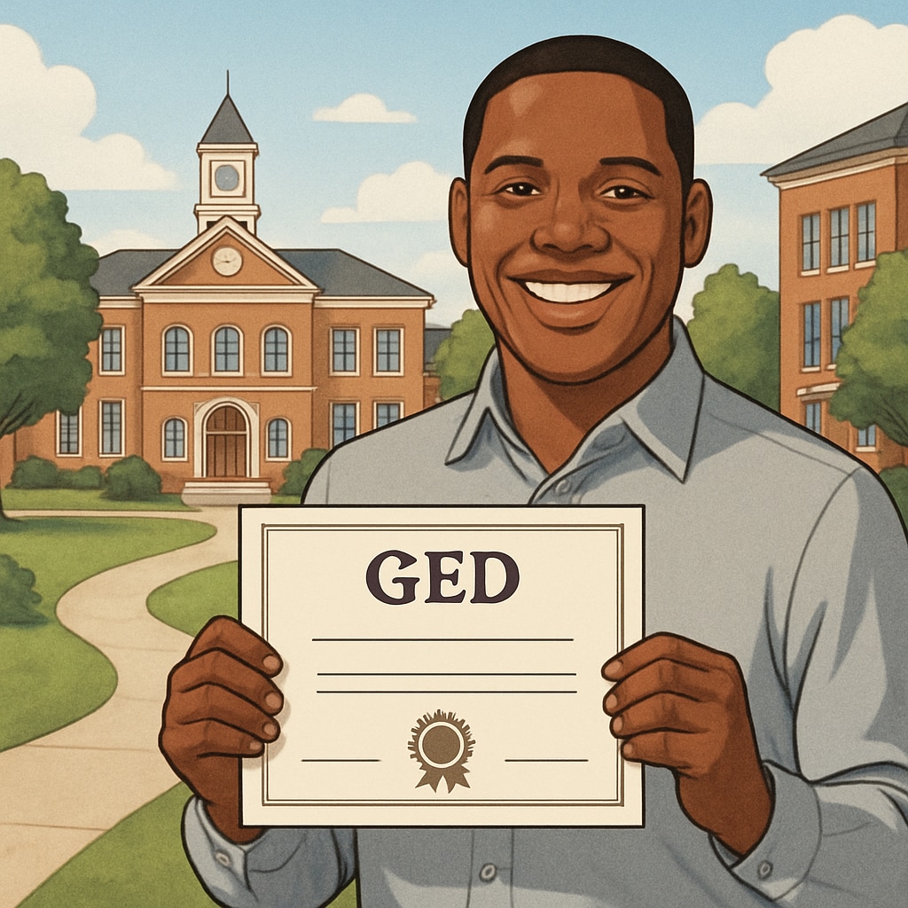 Adult student with GED certificate standing in front of a college campus.