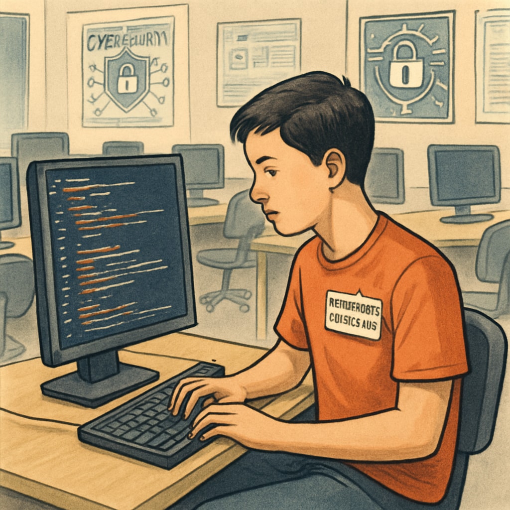 High school student coding during a cybersecurity competition