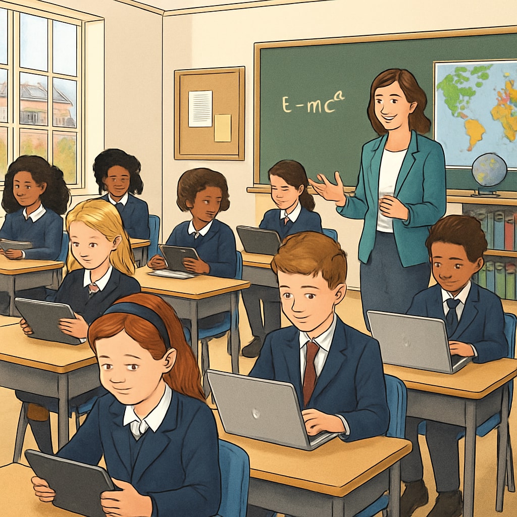 Private school classroom integrating technology like tablets and laptops.