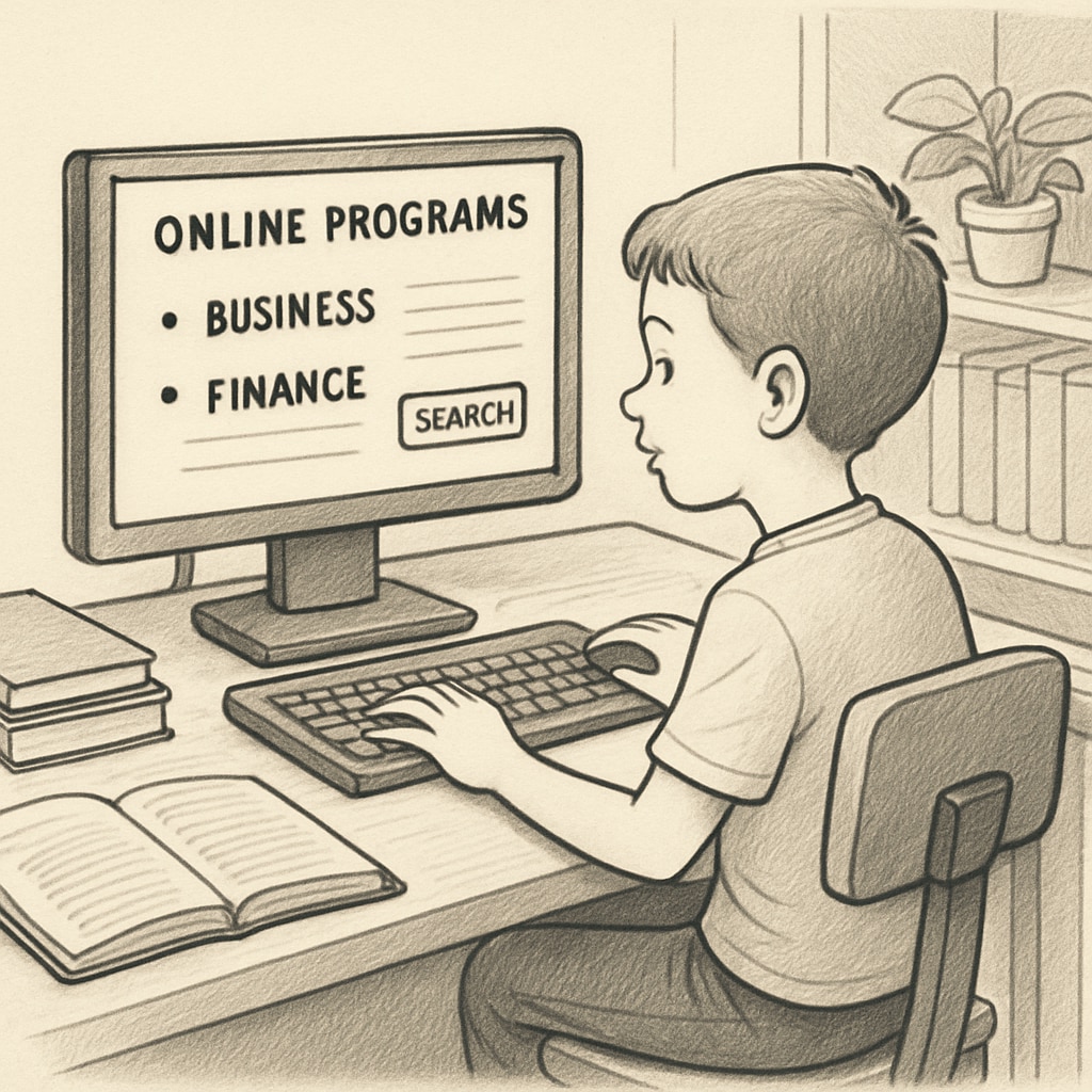 A child researching affordable online business and finance degrees.