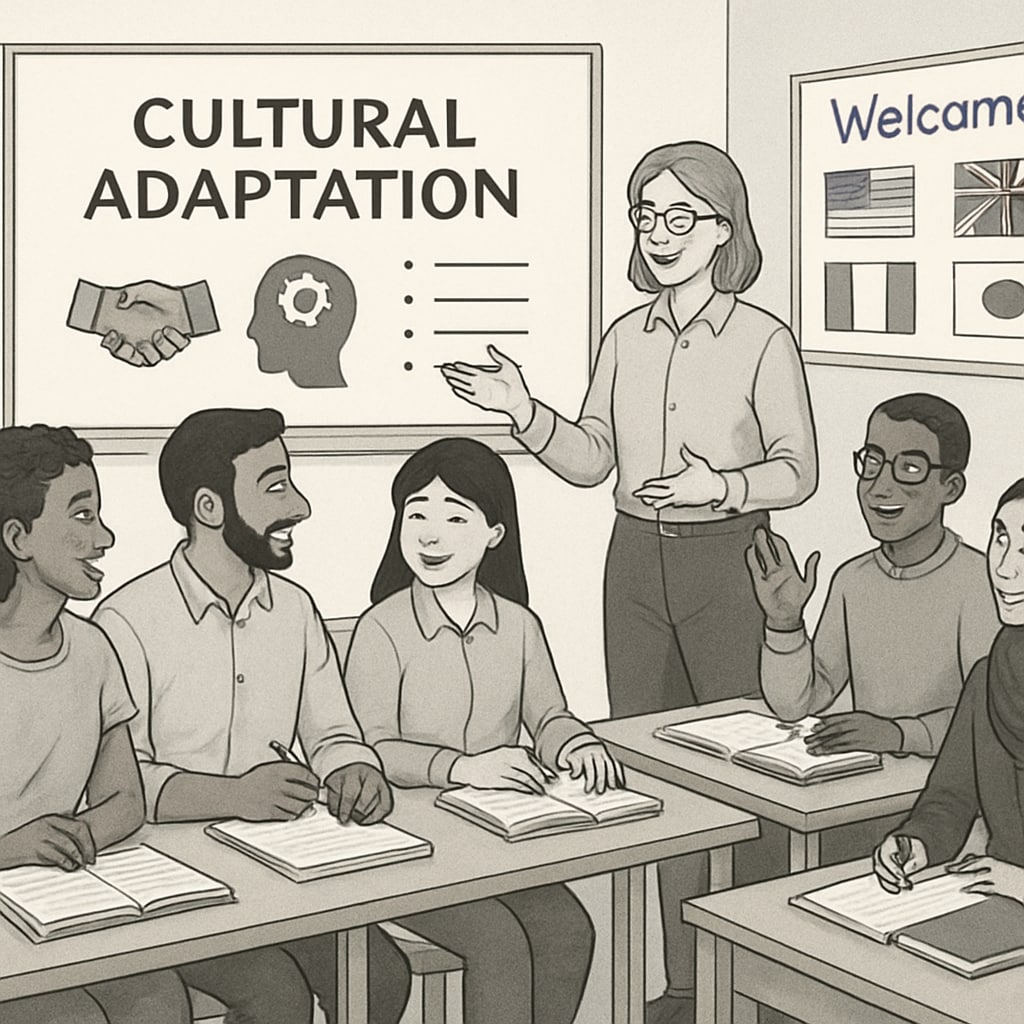 International students in a classroom learning cultural adaptation and foundational knowledge.