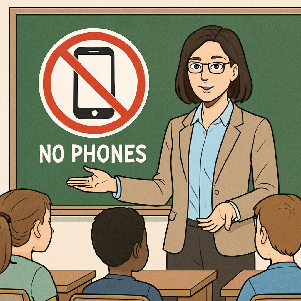 A teacher discusses phone-free rules in a classroom, reflecting public school phone ban policies.