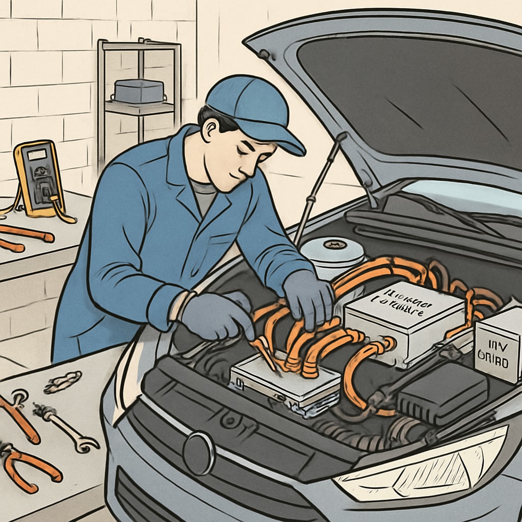 Automotive technician working on EV components with electrical tools.