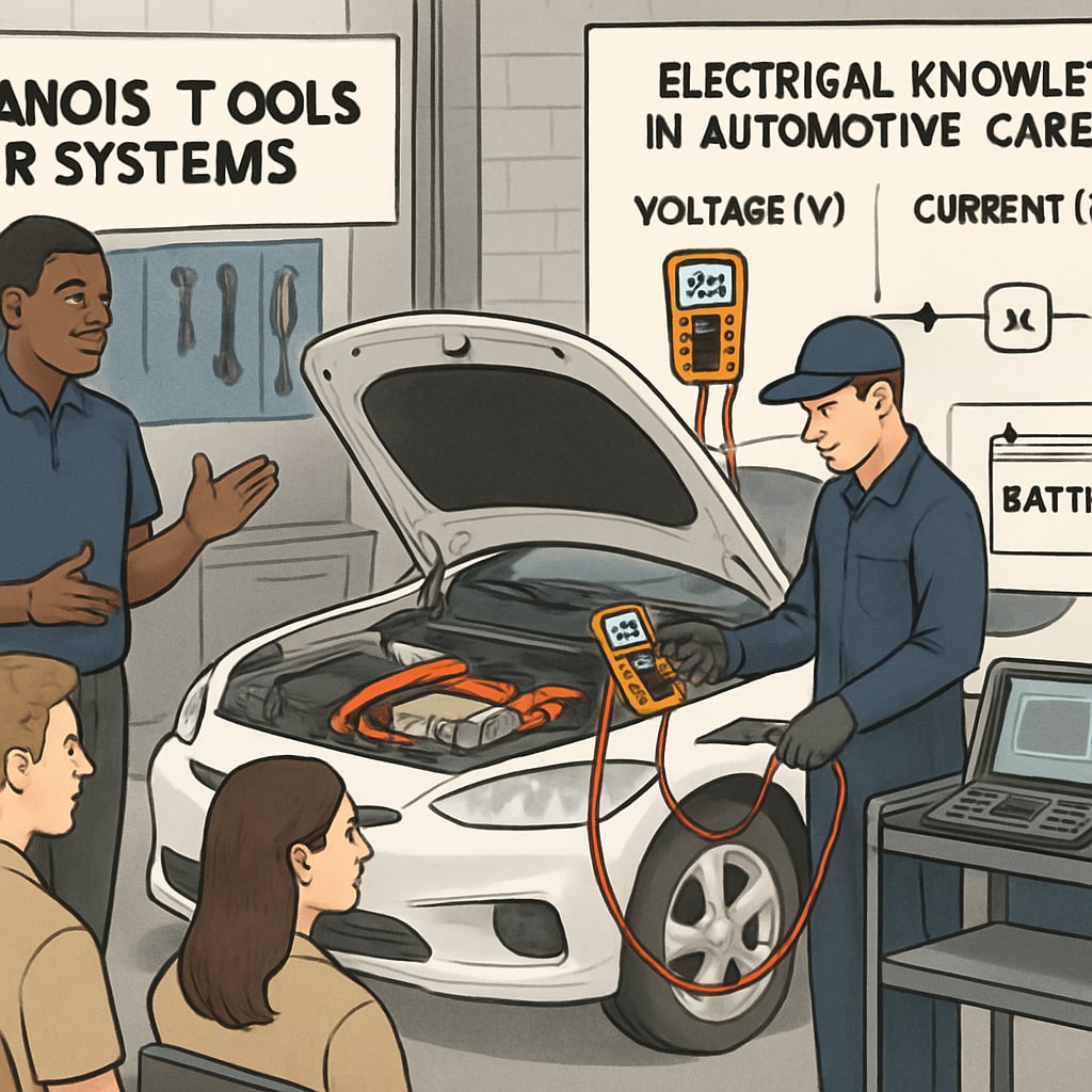 Apprentices in a training session using diagnostic tools for EV systems.