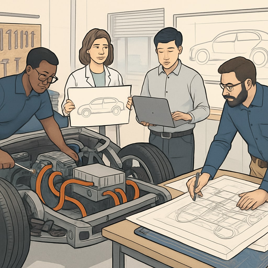 Engineers integrating electrical systems into an electric vehicle prototype.