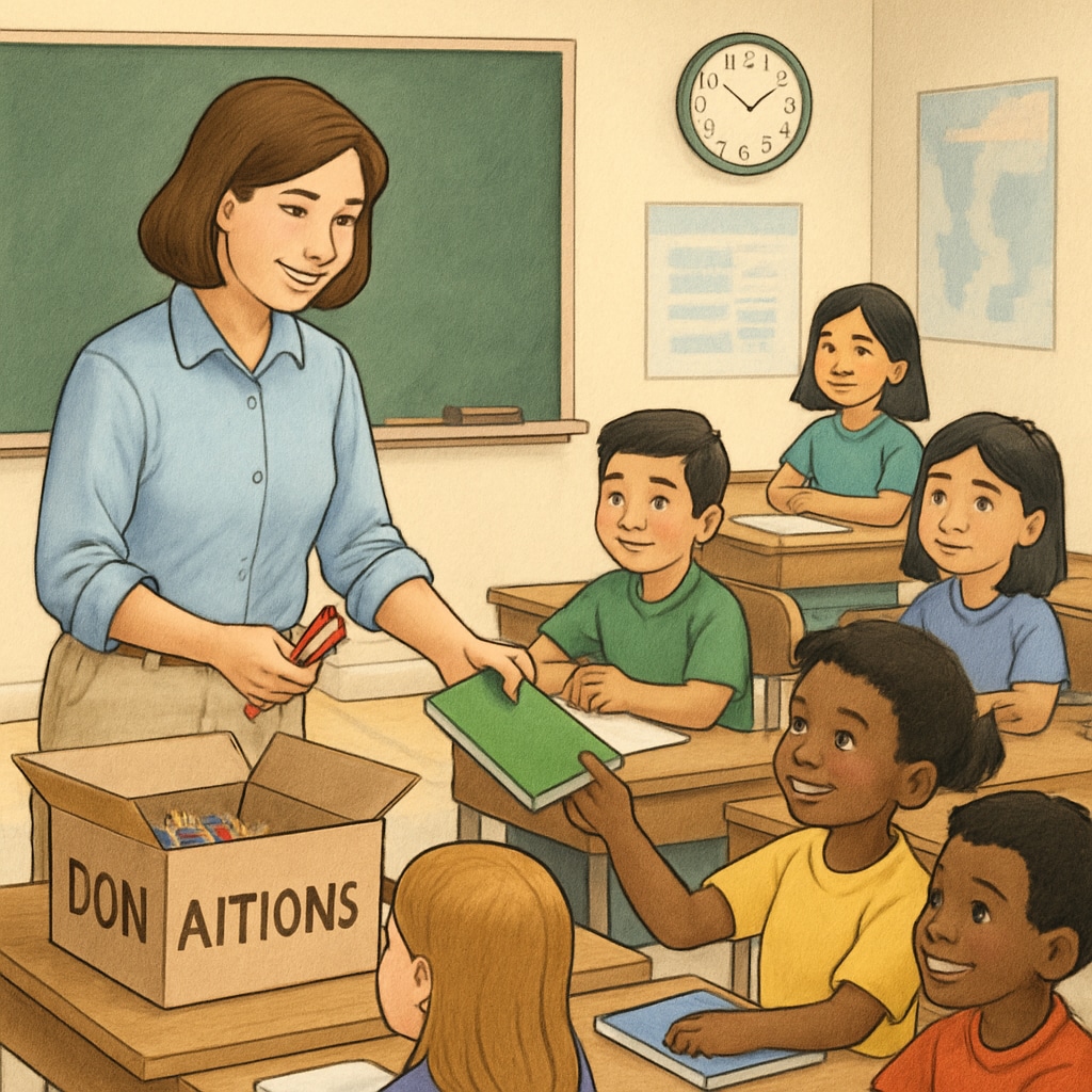 A teacher handing out donated supplies to students, showcasing teacher support and classroom donations.