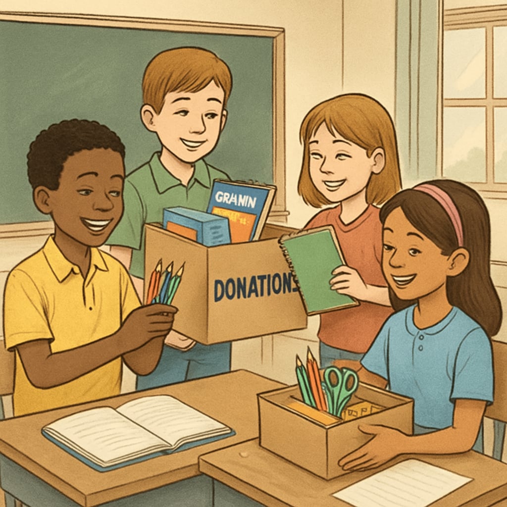Students enjoying new classroom supplies provided through community donations, reflecting K-12 education support.