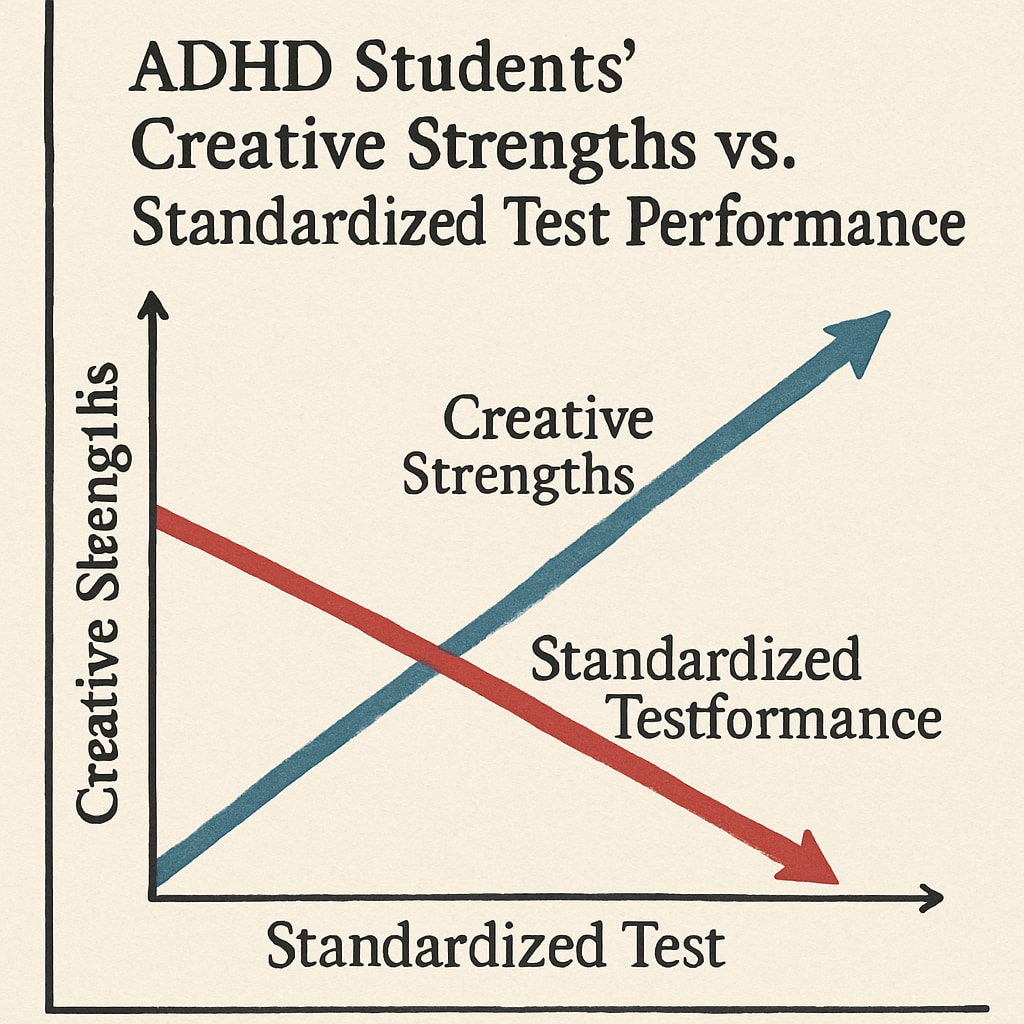 Graph comparing ADHD students' strengths in creativity versus standardized test outcomes.